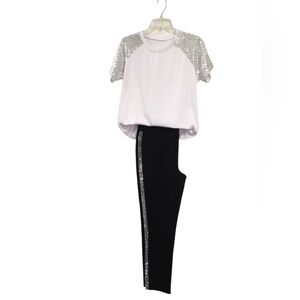 White Tee with Silver Sequin Sleeves + Black Leggings with Silver Stripes